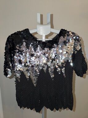 Vintage Black 100% Silk Short Sleeve Sequin Party Blouse